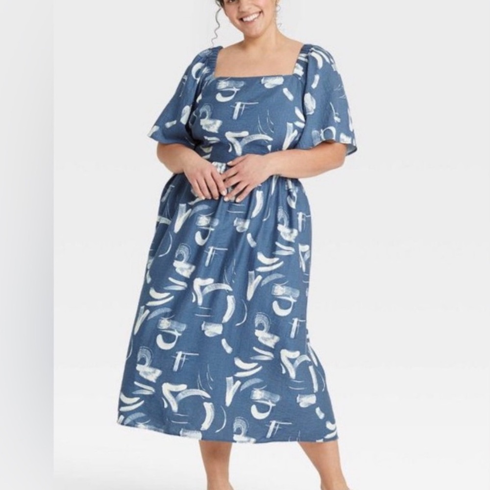 NWT A New Day Blue and White Printed Tie back flutter Midi Dress